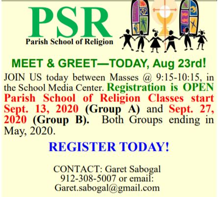 Join us TODAY between Masses at 9:15 to register for Parish School of Religion!