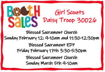 Girl Scout Daisy Troop 30026 COOKIE SALE:  Feb 12, Feb 17, March 5